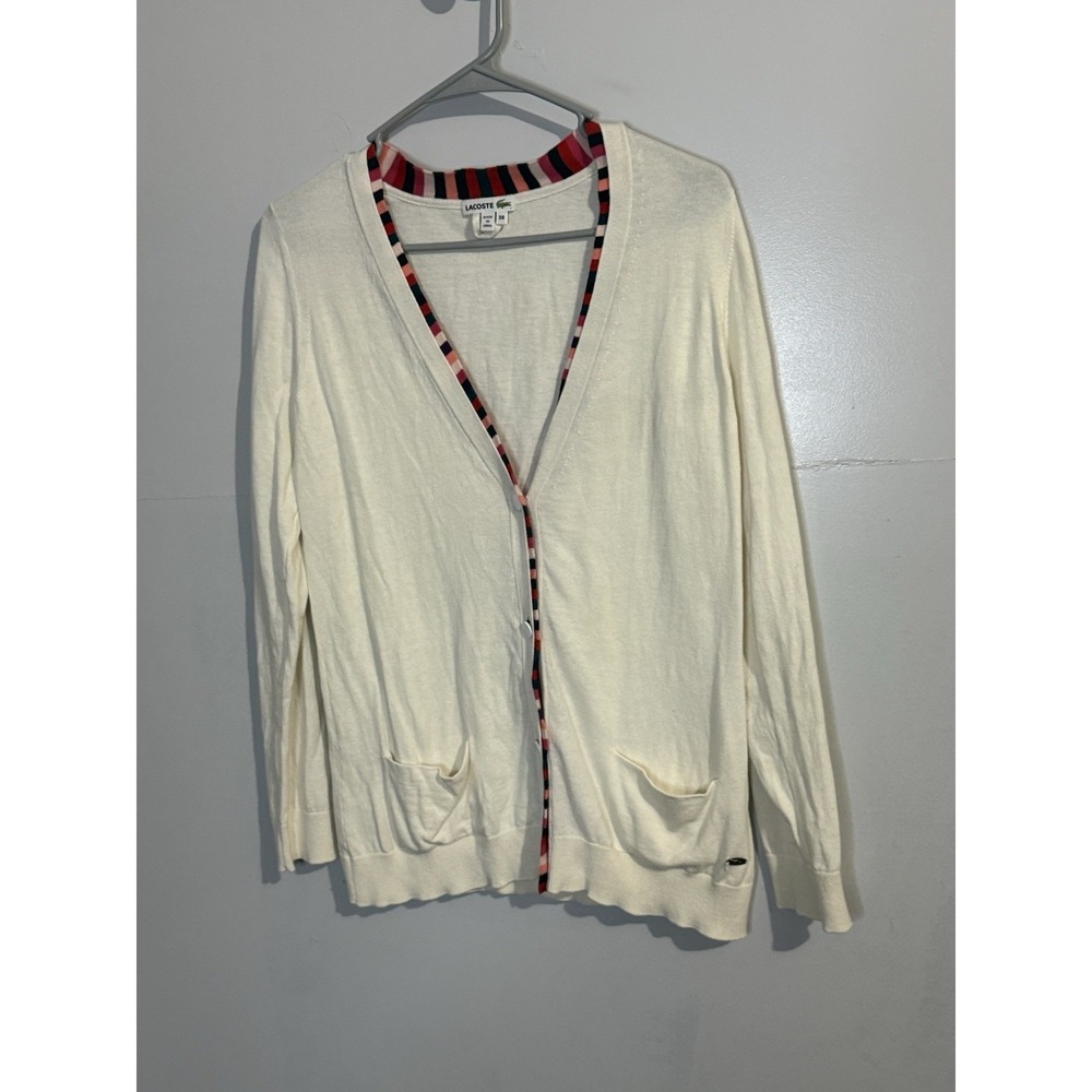 Lacoste Ivory Cotton Cashmere‎ Colorblock Trim Cardigan Sweater Cottage Women 38